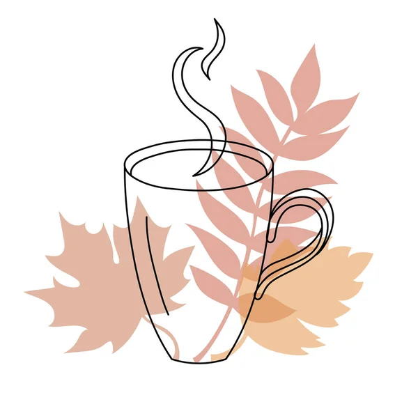 Cup in a hand drawn linear style with colorful autumn leaves. Isolated on white. — Stock Vector