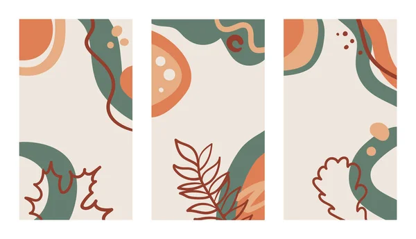 Cztery pionowe tła z jesiennymi liśćmi w ręcznie narysowanym liniowym stylu na kolorowym abstrakcyjnym tle. — Wektor stockowy