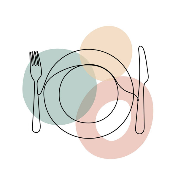 Plate with a fork and knife in a hand drawn linear style with colorful abstract stains. Isolated on white.