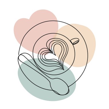 Renkli soyut lekeli, el çizimi, kalp şeklinde bir fincan kahve. Beyazda izole edilmiş.