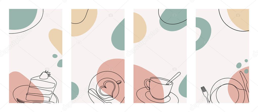 Banner with a cup of coffee with a heart shape in a hand drawn linear style with colorful abstract stains. 