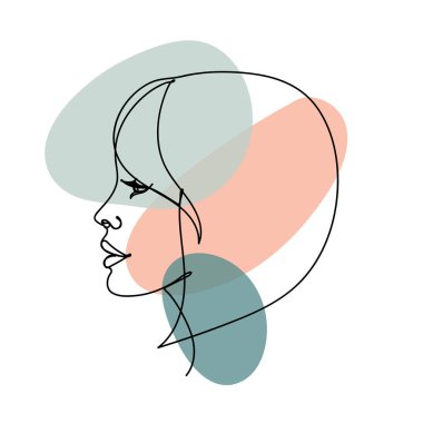 Bir kadının sürekli siyah çizgisi olan soyut bir görüntü. Yüzü renkli soyut lekelerle dolu. Beyazda izole edilmiş.