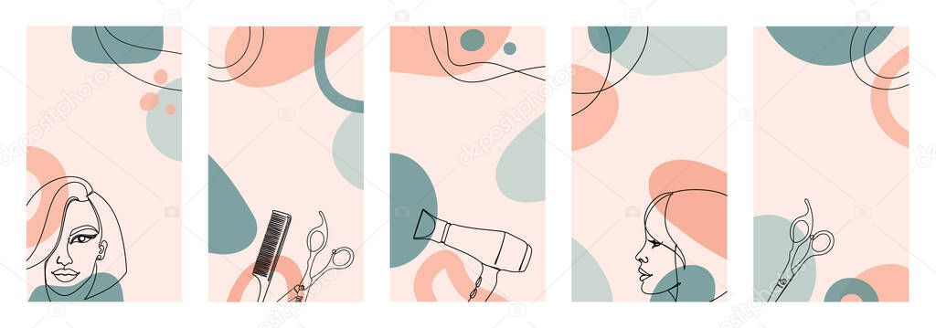 Set of vertical backgrounds of an abstract image with continuous black lines with colorful abstract stains. 