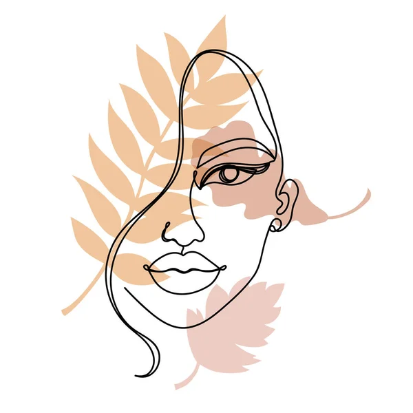 Continuous black line of a womans face with colorful autumn leaves. — Stock Vector