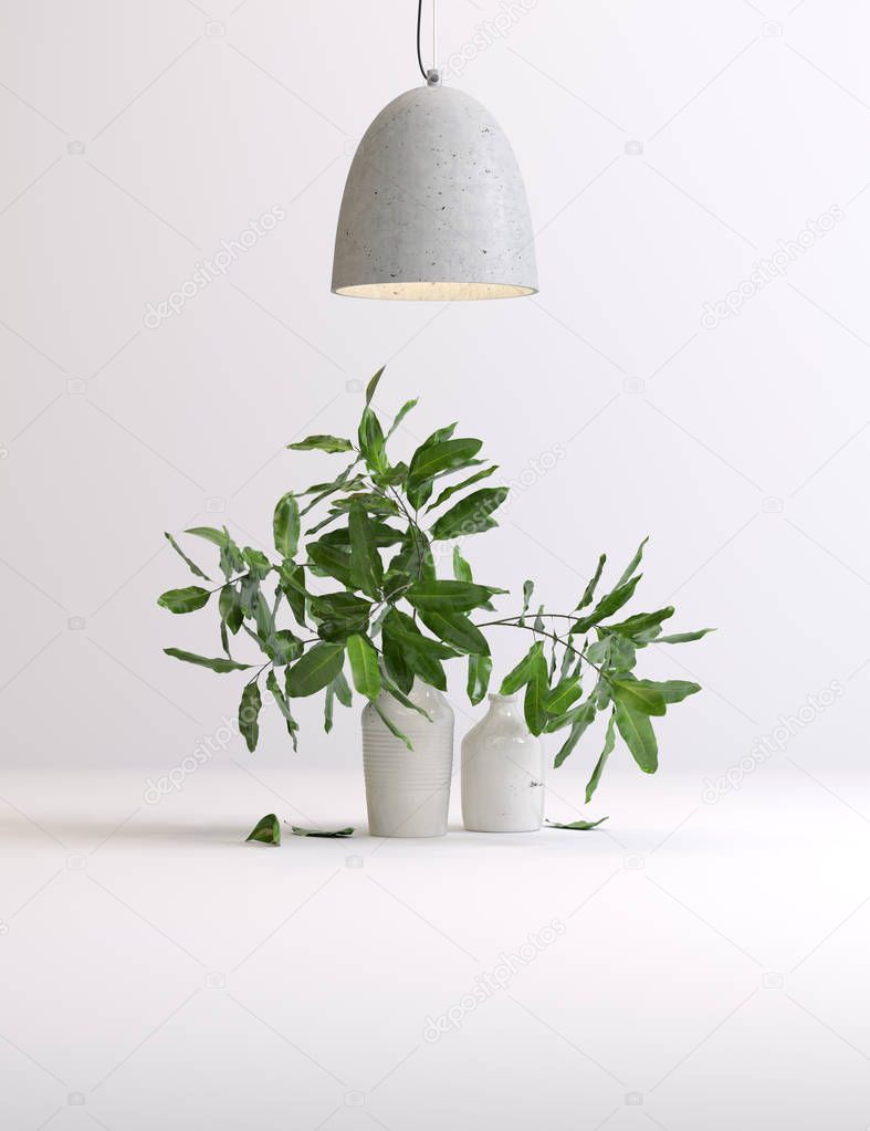 Installation of plants in a vase and lamps