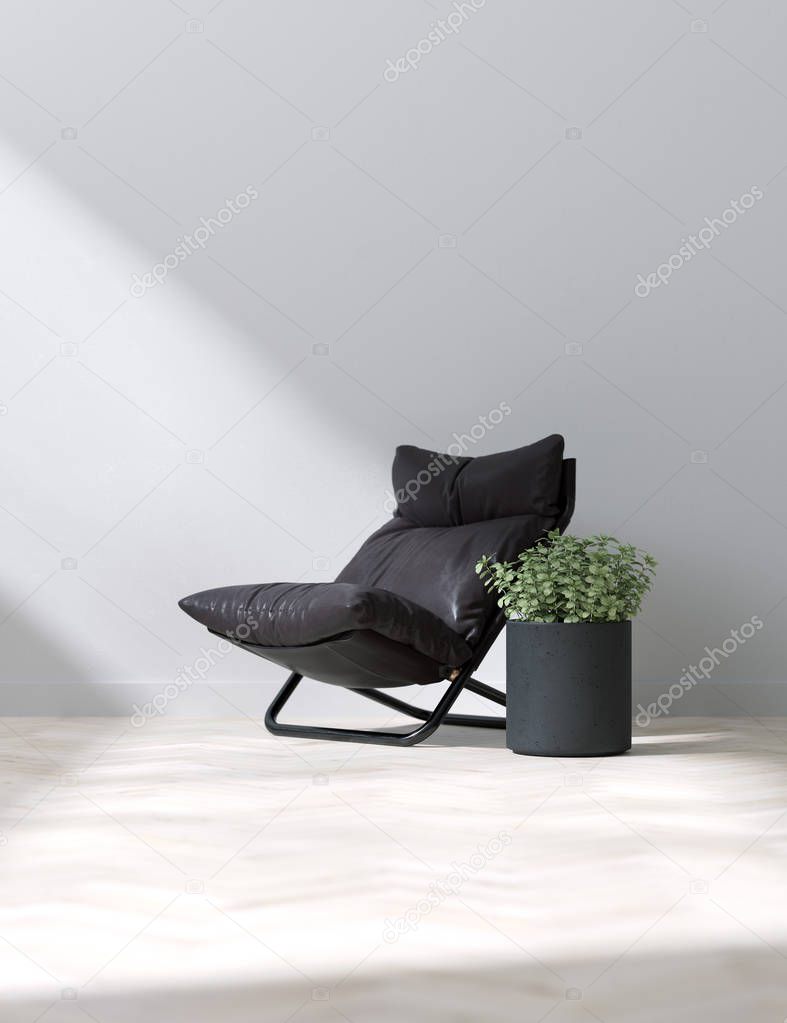 Installation of an armchair and a vase with a plant