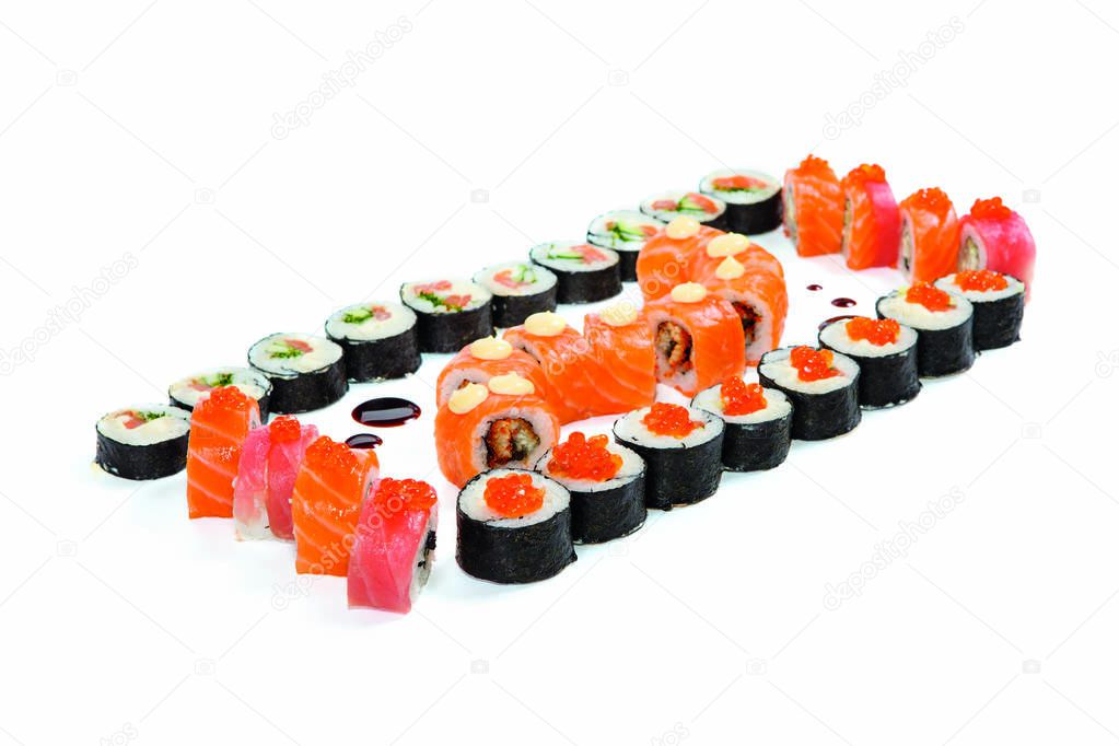 Seafood set - isolated rolls on white background