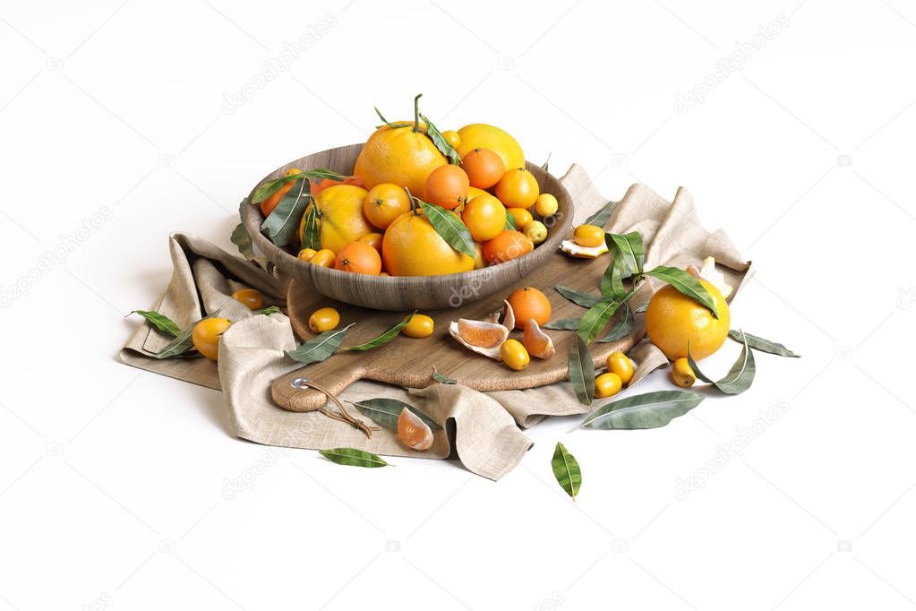 still life plate with oranges on white background