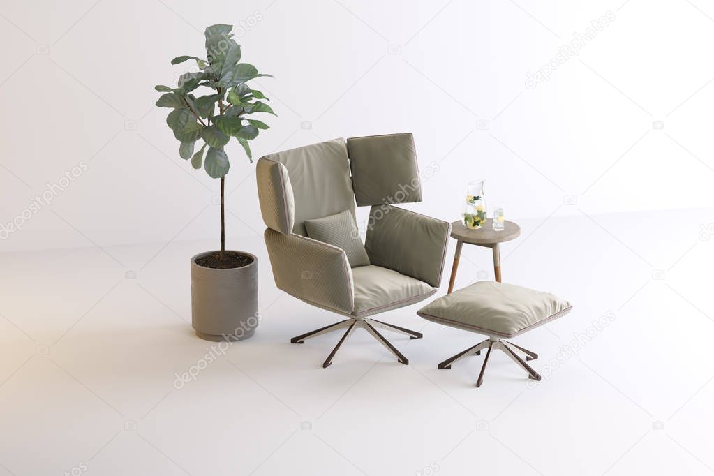 armchair, table, vase, plant
