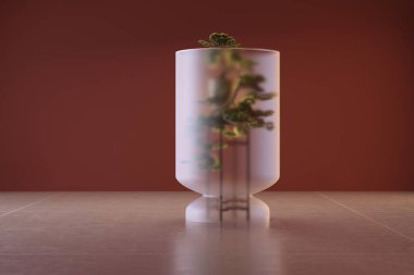 Bonsai ağacı bir kaidede cam kubbenin altında, pankartta ya da duvar kağıdında