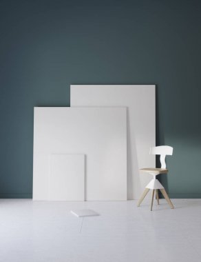 Atmosferik aydınlatma ile mavi stüdyoda Resimler ve sandalye