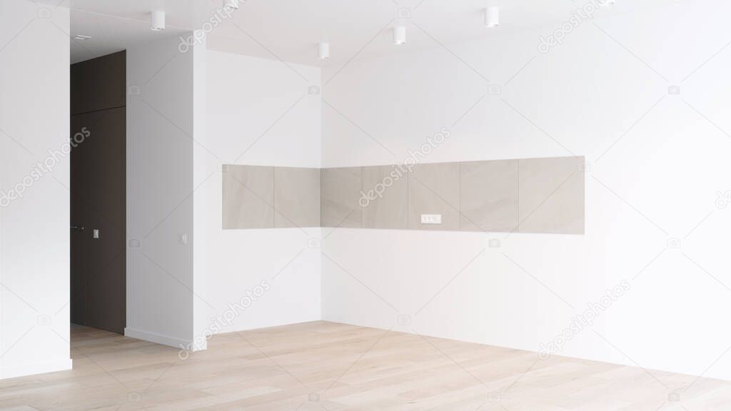 3D rendering of a kitchen corner unfurnished, stand or exhibition