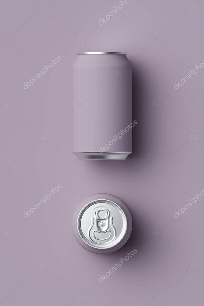 Violet classic aluminum can for carbonated drinks on a violet background, 3D rendering, web banner or logo