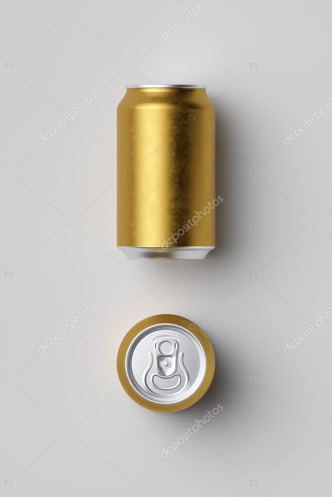 Gilded classic aluminum can for carbonated drinks on a white background, 3D rendering, web banner or logo