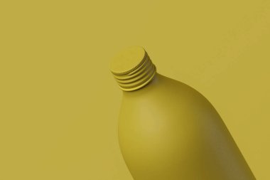 Sarı renkli opak şişe ya da matara sarı arka planda, 3D görüntüleme, web pankartı ya da şablon