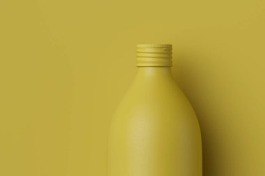 Sarı renkli opak şişe ya da matara sarı arka planda, 3D görüntüleme, web pankartı ya da şablon