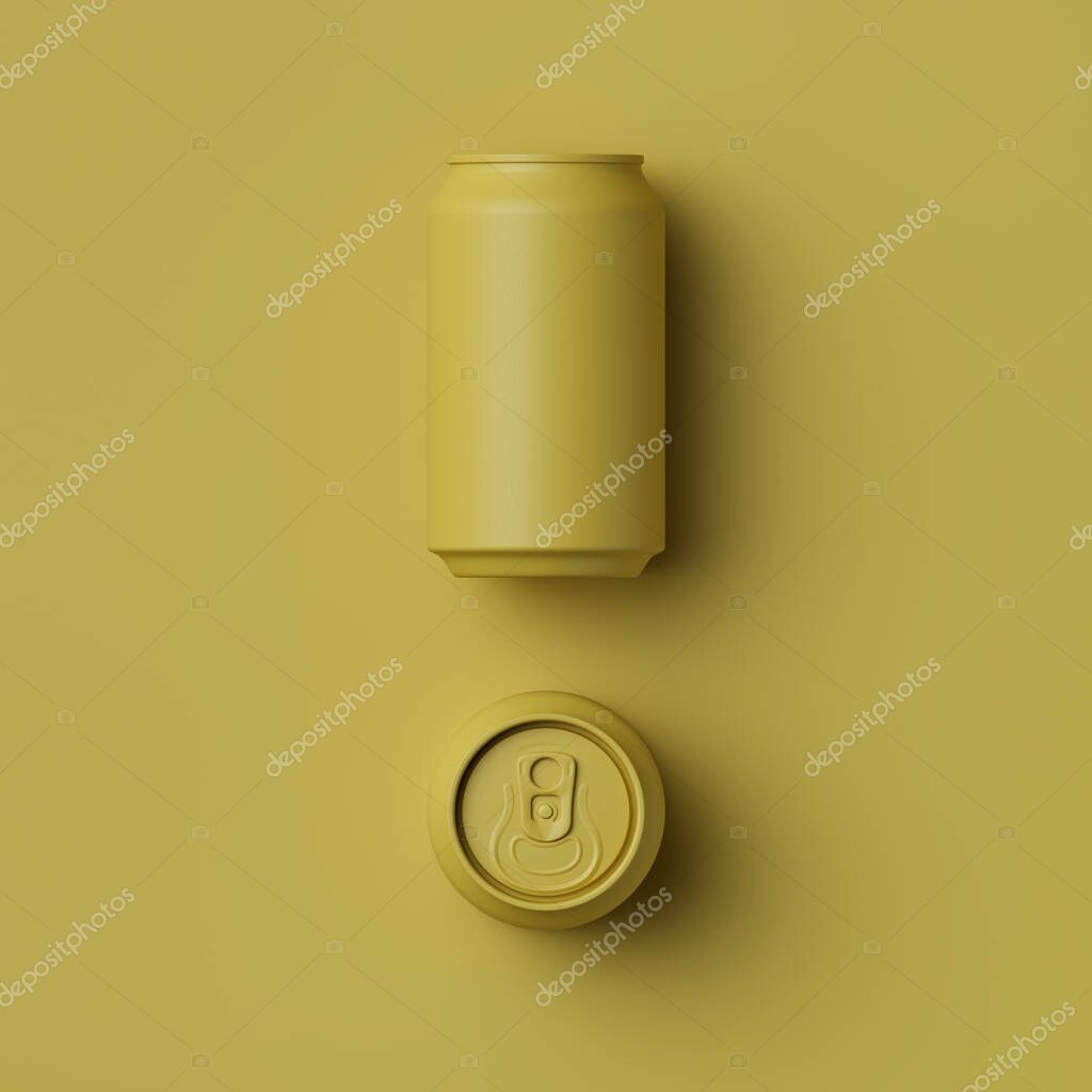 Yellow classic aluminum can for carbonated drinks on a yellow background, 3D rendering, web banner or logo