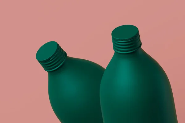 Dos Botellas Frascos Verdes Opacos Sobre Fondo Rosa Representación Banner — Foto de Stock