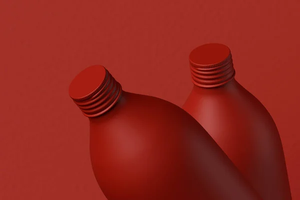 Dos Botellas Frascos Opacos Rojos Sobre Fondo Rojo Representación Banner — Foto de Stock
