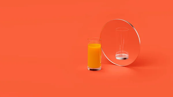 Jugo Naranja Vaso Refleja Espejo Sobre Fondo Rojo Estudio Lugar — Foto de Stock
