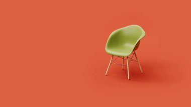Yeşil sandalye kırmızı arka planda izole edilmiş, en az sanat konsepti, metin konsepti konumu, 3D görüntüleme