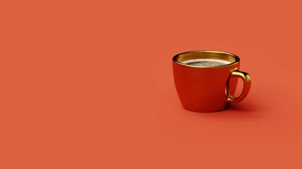 Goldene Tasse Kaffee Isoliert Auf Rotem Hintergrund Postkarte Oder Banner — Stockfoto