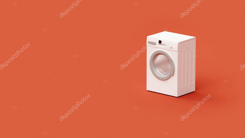 White washing machine on a red background in the studio, web banner or template, 3d rendering