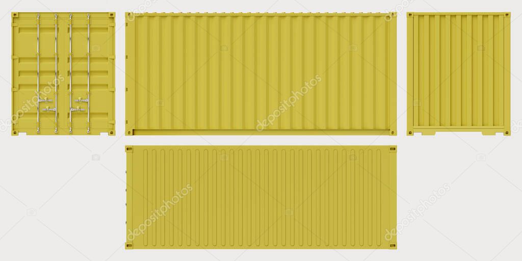 Facade projections or blueprint of a yellow shipping container on a white background, web banner or template, 3d rendering