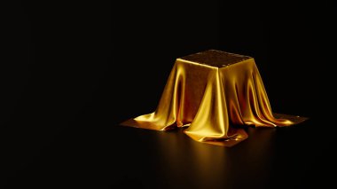 Stüdyoda siyah bir zemin üzerinde altın renkli lüks bir kumaşla kaplı bir kaide, web afişi ya da şablon, 3D görüntüleme