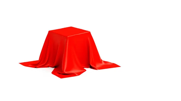 Piedestal Täckt Med Lyxig Röd Duk Vit Bakgrund Studio Web — Stockfoto