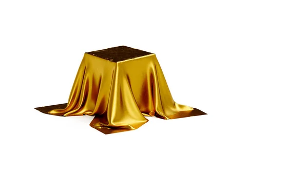 Pedestal Coberto Com Pano Luxo Dourado Fundo Branco Estúdio Banner — Fotografia de Stock