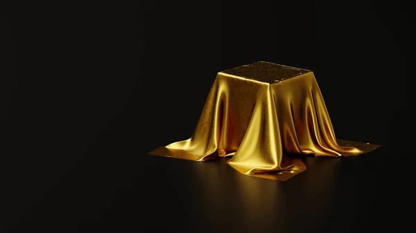 Pedestal Coberto Com Pano Luxo Dourado Fundo Preto Estúdio Banner — Fotografia de Stock