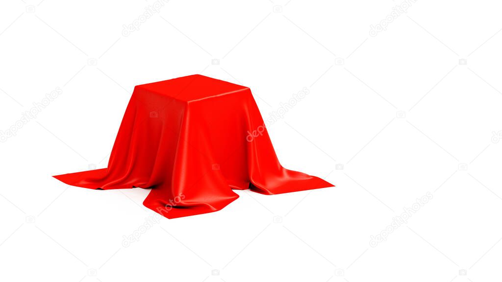 Pedestal covered with luxurious red cloth on white background in studio, web banner or template, 3D rendering