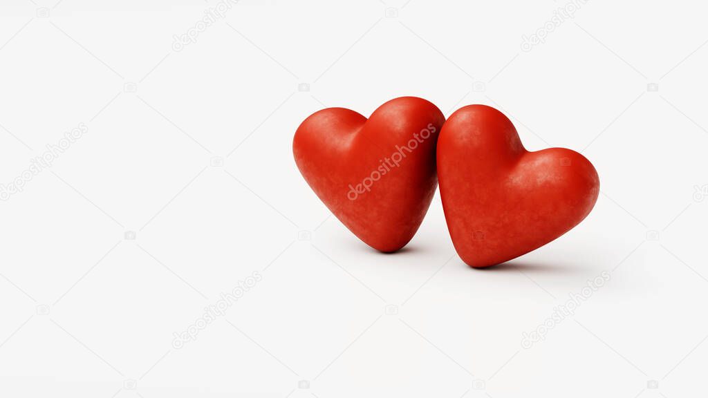 two romantic red hearts on a white background, valentine's day, web banner or template, 3d rendering