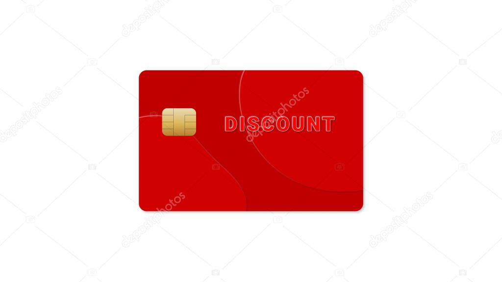 red credit card with Discount lettering on white background, illustration, web banner or template, 3d rendering
