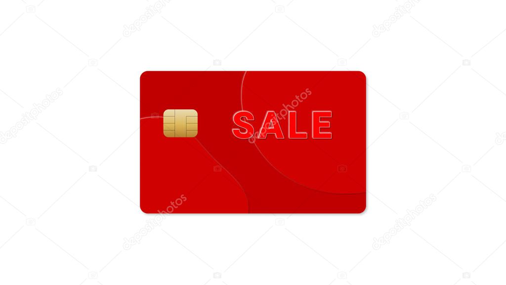red credit card with Sale lettering on white background, illustration, web banner or template, 3d rendering