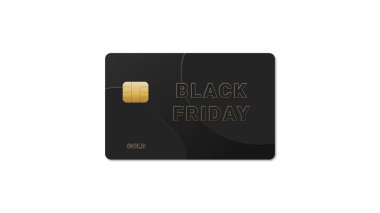 Beyaz arkaplan, illüstrasyon, web pankartı veya şablon üzerinde Kara Cuma harfleri olan altın kredi kartı