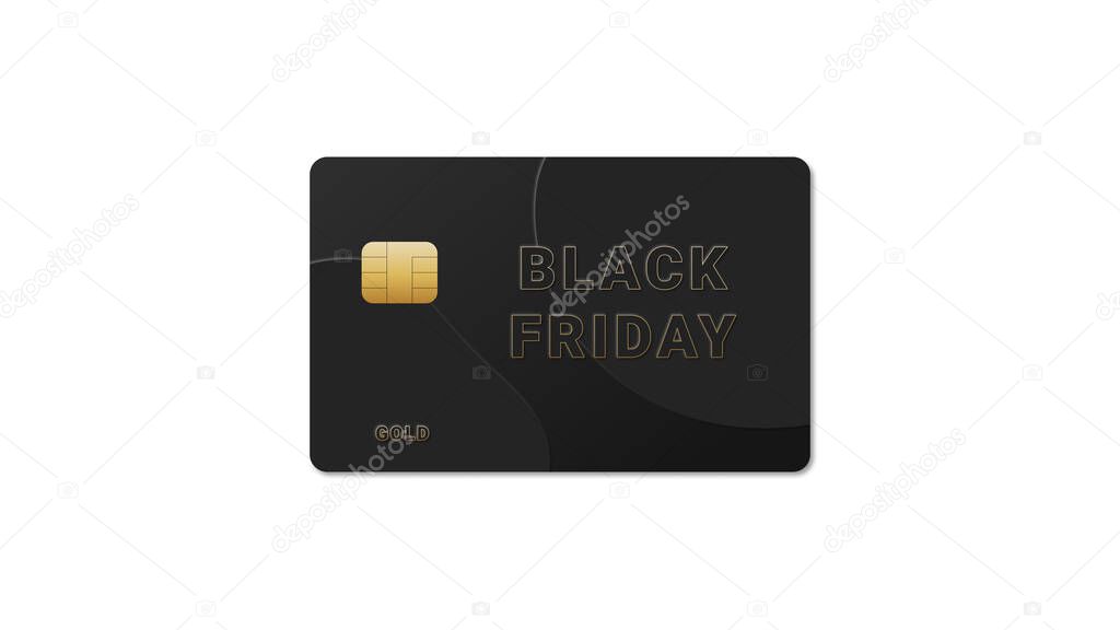 Gold credit card with Black Friday lettering on white background, illustration, web banner or template