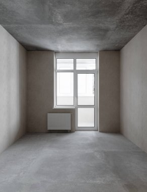 Döşeme olmadan, satılık ya da kira için dekorasyon malzemeleriyle dolu boş bir odanın 3 boyutlu görüntülenmesi, yeni konut