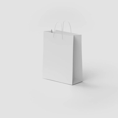 Beyaz arkaplanda beyaz kağıt alışveriş torbası, web pankartı ya da şablon, 3D görüntüleme