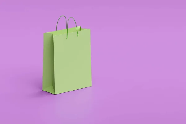 紫の背景に緑の紙のショッピングバッグ ウェブバナーやテンプレート 3Dレンダリング — ストック写真