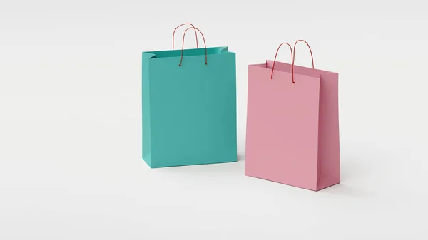 白い背景に2色の紙のショッピングバッグ ウェブバナーやテンプレート 3Dレンダリング — ストック写真