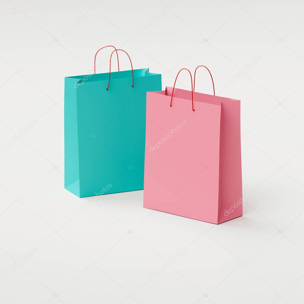 two colored paper shopping bags on a white background, web banner or template, 3d rendering
