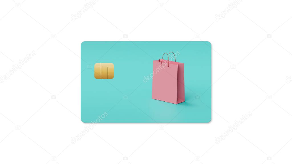 credit card with picture of paper shopping bag on white background, web banner or template, illustration
