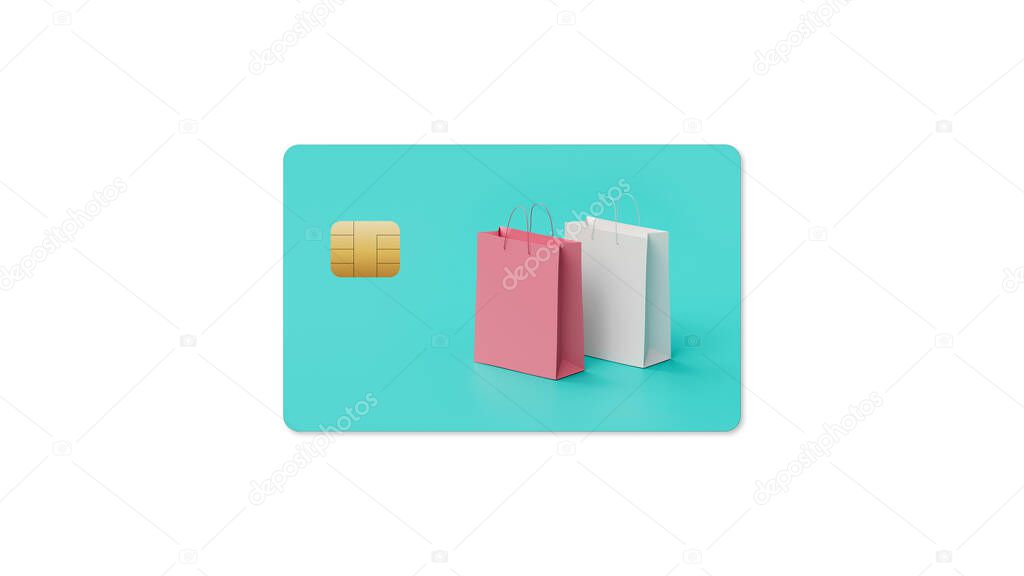 credit card with picture of paper shopping bags on white background, web banner or template, illustration