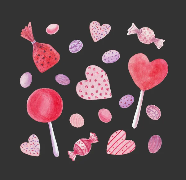 Dulces, caramelo, piruleta, comfit y corazones de caramelo. Conjunto de confección. Ilustración en acuarela sobre fondo negro . — Foto de Stock