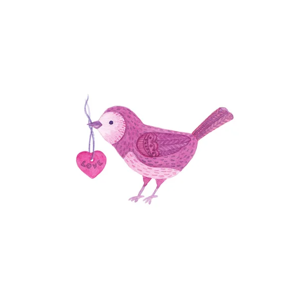 Vogel mit Herz. Aquarell-Illustration für Urlaubskarten, Einladungen. zum Valentinstag. — Stockfoto