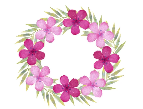 Çiçek ve yaprakları ile Suluboya çelenk. Botanik illüstrasyon. Beyaz arka planda yalıtılmış.