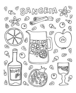 Sangria. Doodle tarzında elle çizilmiş illüstrasyon. Geleneksel İspanyol alkol içeceği. Vektör çizimi.