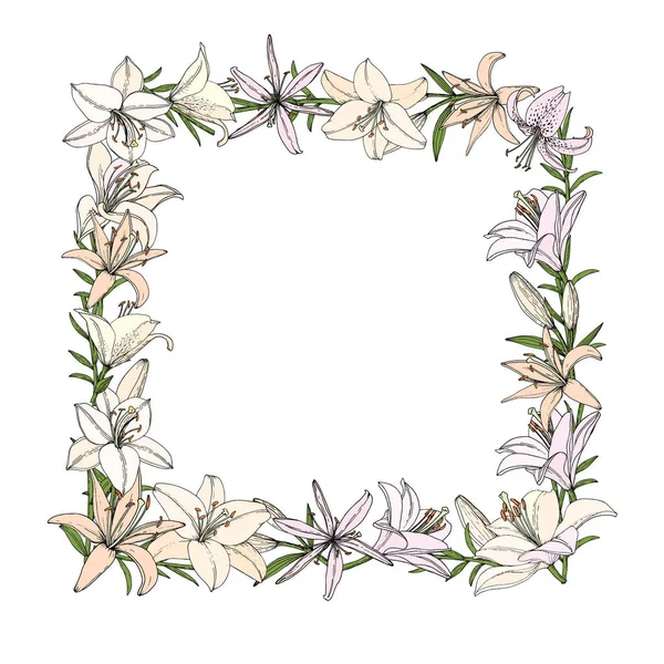 Vierkant frame met lelie bloem, Bud en blad. Hand getekende illustratie. Vector afbeelding in schets stijl. — Stockvector